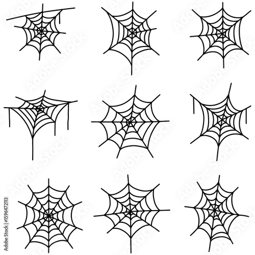 Set of Spider Web Vector Silhouettes on White Background