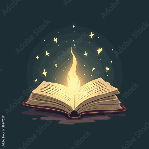 An open book glows with light and stars, representing knowledge and magic.