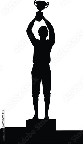 Silhouette of a Winner Holding Up a Trophy on a Podium