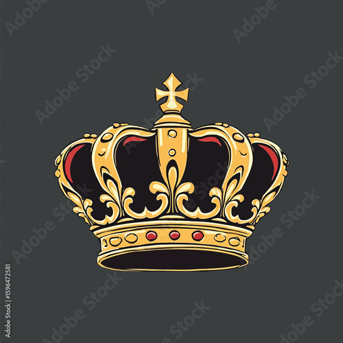 Illustration of a golden crown with red and black accents, featuring ornate details and a cross on top.