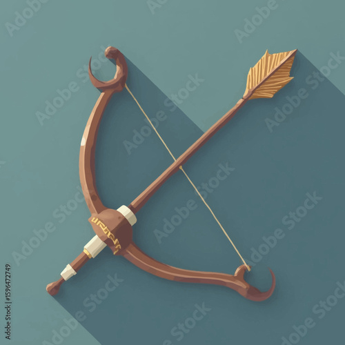 A stylized illustration of a medieval-style bow and arrow, presented in a flat design with a long shadow.