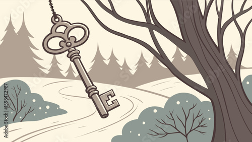 Unlock winter wonderland: vintage key in snowy forest scene, fantasy landscape illustration art design