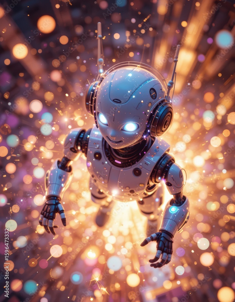 Fototapeta premium the image features a stylized, humanoid robot floating amidst a dazzling array of colorful lights and sparkles