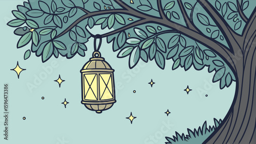 Illustration of a vintage lantern hanging from a tree branch at night with stars shining bright in the sky