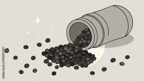 Spilled black peppercorns from grinder illustration for spices cooking and food preparation concept