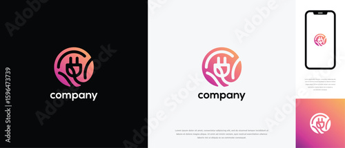 Natural leaf electrical plug logo design. Natural leaf logo icon with electrical plug