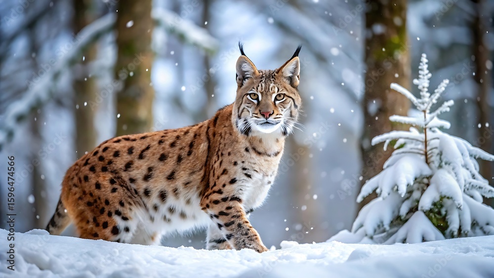 Fototapeta premium A lynx walks through a snowy forest with trees in the background