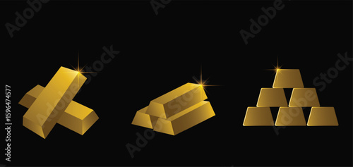 Set gold bullion vector on black isolated