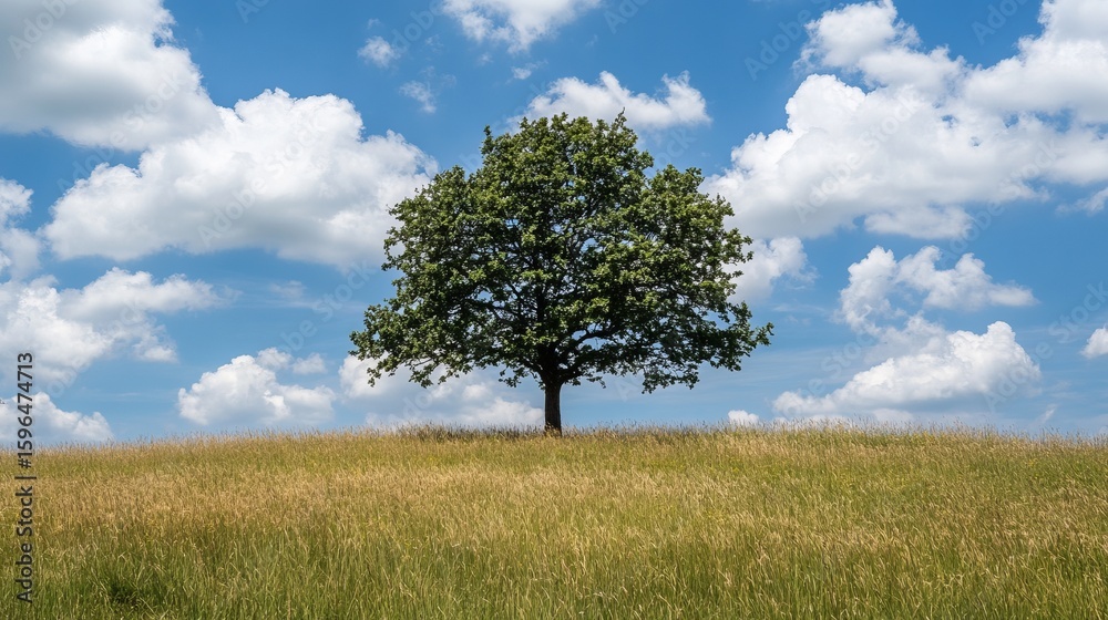 Obraz premium A solitary tree stands tall on a grassy hill against a vibrant blue sky dotted with fluffy white clouds. The scene evokes serenity and natural beauty