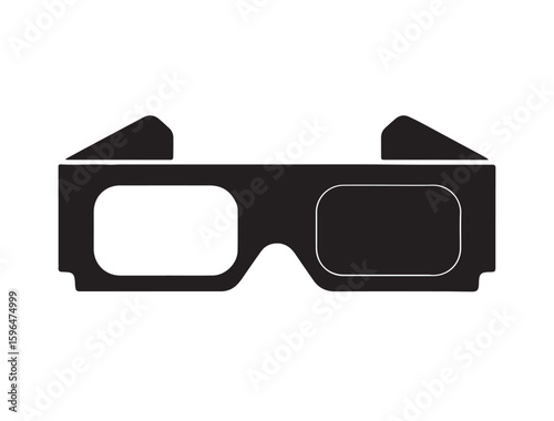 Full black vector icon of 3D movie glasses with one frame slightly tilted, white background