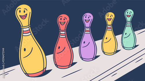 Colorful bowling pins with smiling faces ready for a strike at the bowling alley for a fun game night