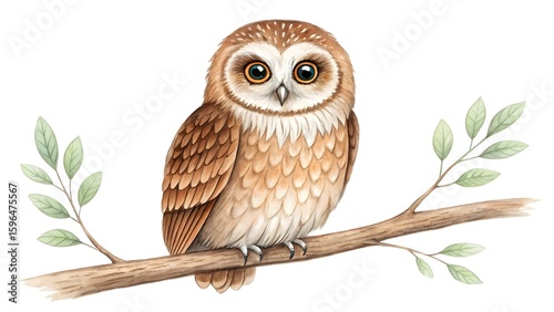 Cute owl sitting on a branch with leaves