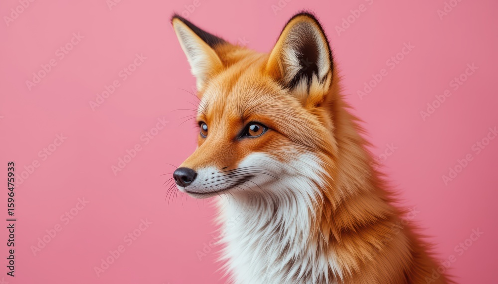 Fototapeta premium Fox in Pink Studio: A majestic fox with vibrant orange fur gazes thoughtfully, set against a soft pink backdrop in a professional studio setting.