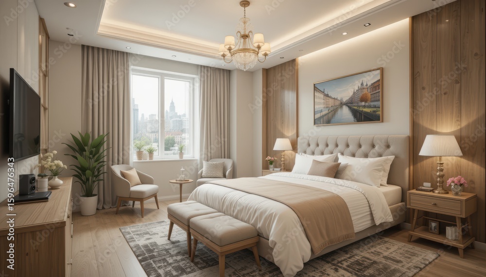 Fototapeta premium the image showcases a well lit bedroom with a neutral color palette. a large bed with a button tufted headboard is the focal point, neatly adorned with pillows and a cream colored blanket and throw