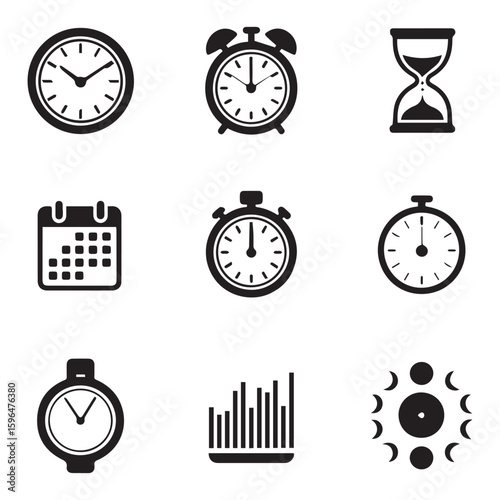Collection of various timekeeping and scheduling icons including clocks, calendar, hourglass, stopwatch, and phases