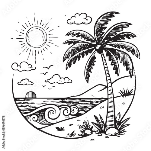 tropic style vacation hand drawn sun and waves