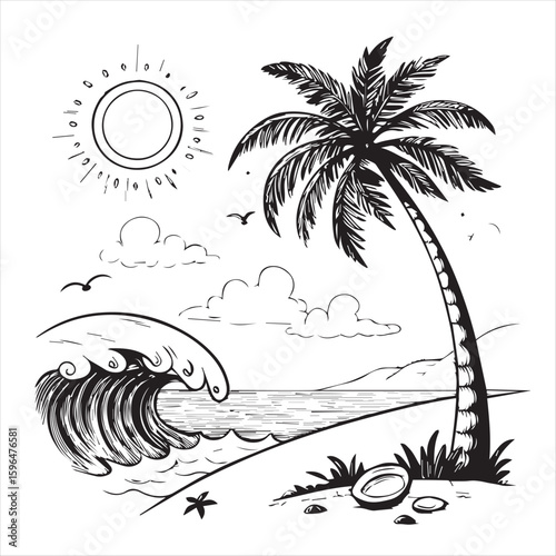 tropic style vacation hand drawn sun and waves