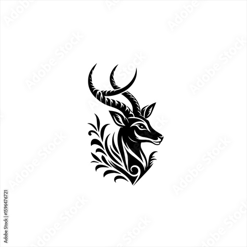 Stylized Black Antelope Head with Ornate Horns.