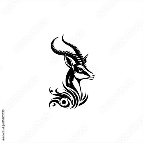 Stylized Black Antelope Head with Ornate Swirls.