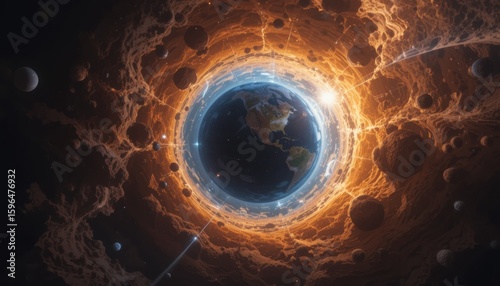 Celestial Journey: Witness the Earth, viewed through the intricate, swirling vortex of a wormhole, offering a symbolic peek into the cosmos and the vastness of space. 