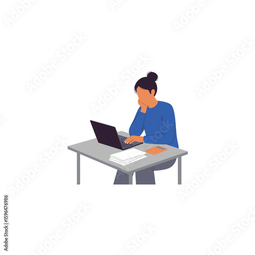 Professional woman intently concentrating while working on laptop computer at home office desk