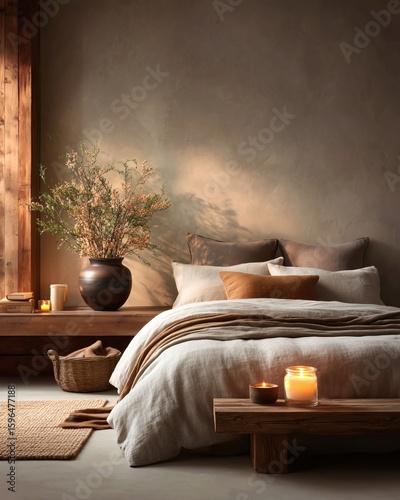 Cozy rustic bedroom interior with natural linen bedding, dried flowers, and candlelight. Warm earthy tones and handcrafted decor create a calming autumn ambiance.
