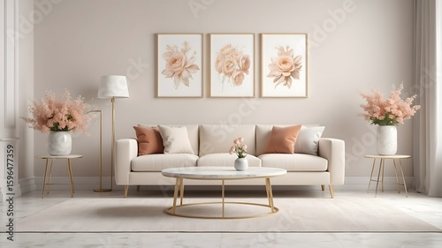 Living room with a sofa and picture frames bathed in warm sunlight- 3D rendering
