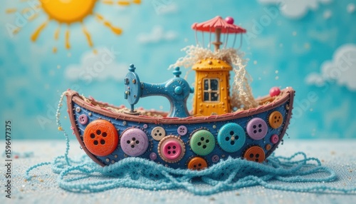 Handmade Button Boat Sailing the Dream: A whimsical handcrafted boat, artfully constructed with vibrant buttons, sails joyfully across a dreamlike sky.