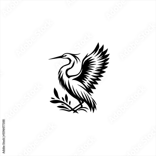 Stylized Black Heron Bird with Open Wings.