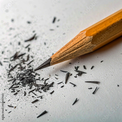 Macro Shot of Sharpened Pencil with Exploding Graphite Shavings on Neutral Background