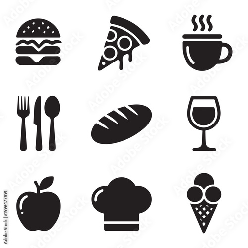 Collection of popular food and beverage icons including a burger, pizza slice, coffee cup, cutlery, bread, wine glass, apple, chef hat, and ice cream.