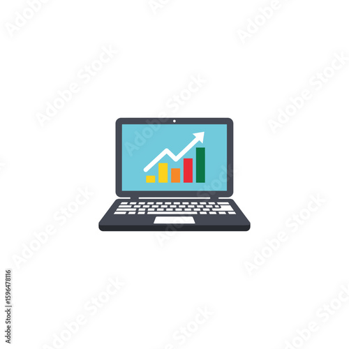 Modern Laptop Computer Screen Showing Vibrant Bar Chart With Upward Arrow Signifying Business Financial Success and Growth.