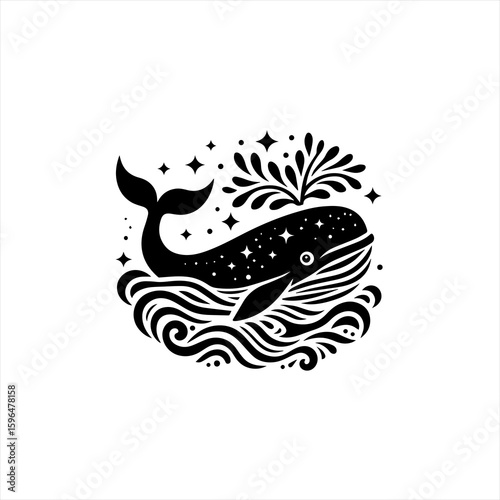 Stylized Black Whale Spouting Water and Stars.