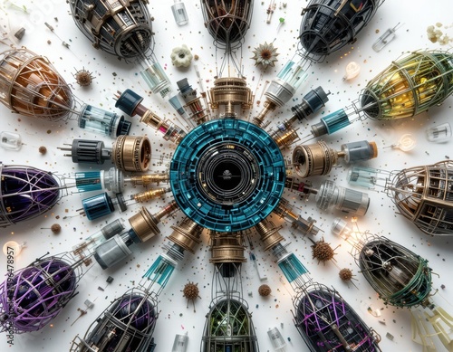 Intricate Science Instruments Composition: An artistic collection of complex scientific instruments, artfully arranged with meticulous attention to detail and symmetry.