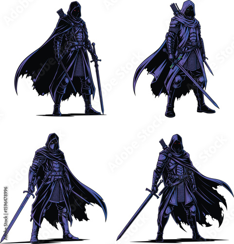 Four dark fantasy warriors in cloaks holding swords