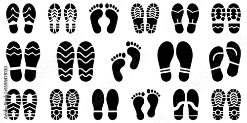 Set of human footprint silhouettes including adult shoes, bare feet, baby steps, and hiking boots in flat vector style on white background, modern layout for signage, app UI, and infographics