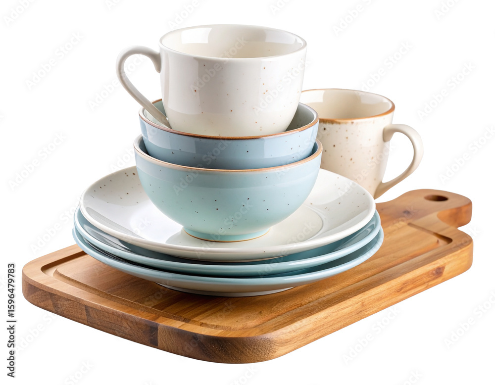 Fototapeta premium Ceramic Dinnerware Set with Mug and Bowl on Wooden Board.