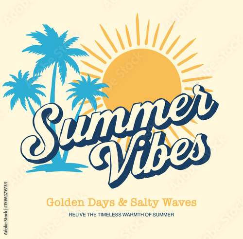 Summer vibes vintage graphic print design. Beach vibes with board print design. Hand sketch beach vector design. flamingo artwork.