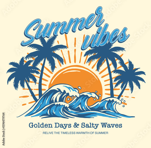 Summer vibes vintage graphic print design. Beach vibes with board print design. Hand sketch beach vector design. flamingo artwork.