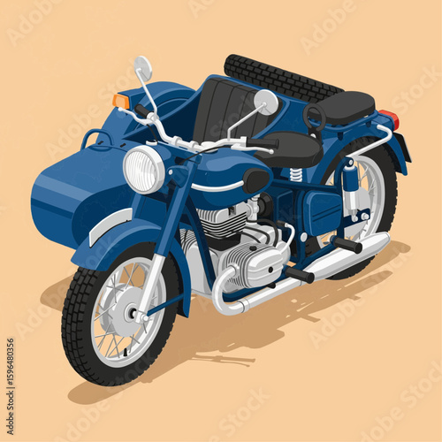 Retro Sidecar Motorcycle in Navy Blue on Light Tan