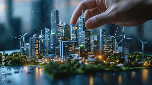Sustainable city model at night hand placing building