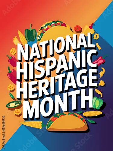 Typography National Hispanic Heritage Month with Traditional Food Icon Motifs