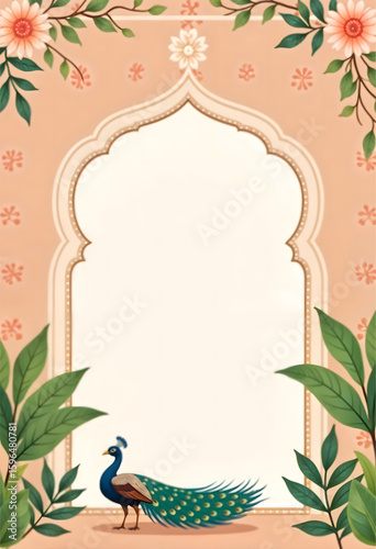 Mughal Wedding Invitation Card Design with Peacock, Arch, Birds, and Plants – Traditional Vector Illustration for Marriage Greetings