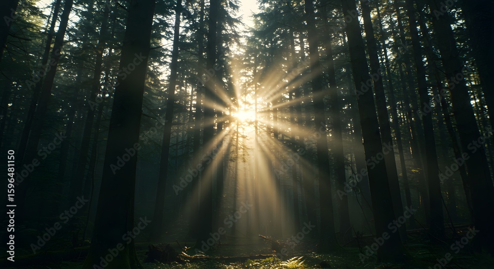 Obraz premium Sunlight streams through the dense canopy of a forest, creating beams of light and illuminating the woodland floor.