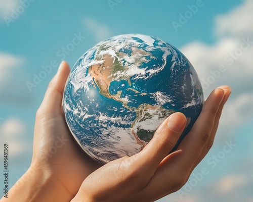 Hands gently cradling a miniature Earth against a clear blue sky.  Concept of environmental care and global responsibility.