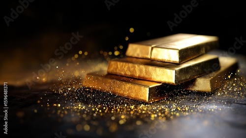 A 3D rendering of gold bars on a black background, surrounded by glitter and glitter, with clean lines that exude elegance and luxury, emphasizing the wealth in precious metals trading.