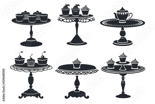 Set of birthday cake. Collection of stylized cakes with fruit and butter cream. Festive baked foods. Vector illustration isolated on white background.