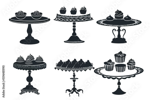 Set of birthday cake. Collection of stylized cakes with fruit and butter cream. Festive baked foods. Vector illustration isolated on white background.