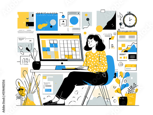 Woman Working from Creative Home Office with Plants and Art - Remote Work and Creative Workspace Concept