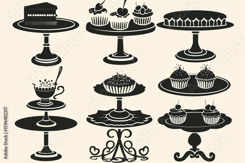 Set of birthday cake. Collection of stylized cakes with fruit and butter cream. Festive baked foods. Vector illustration isolated on white background.